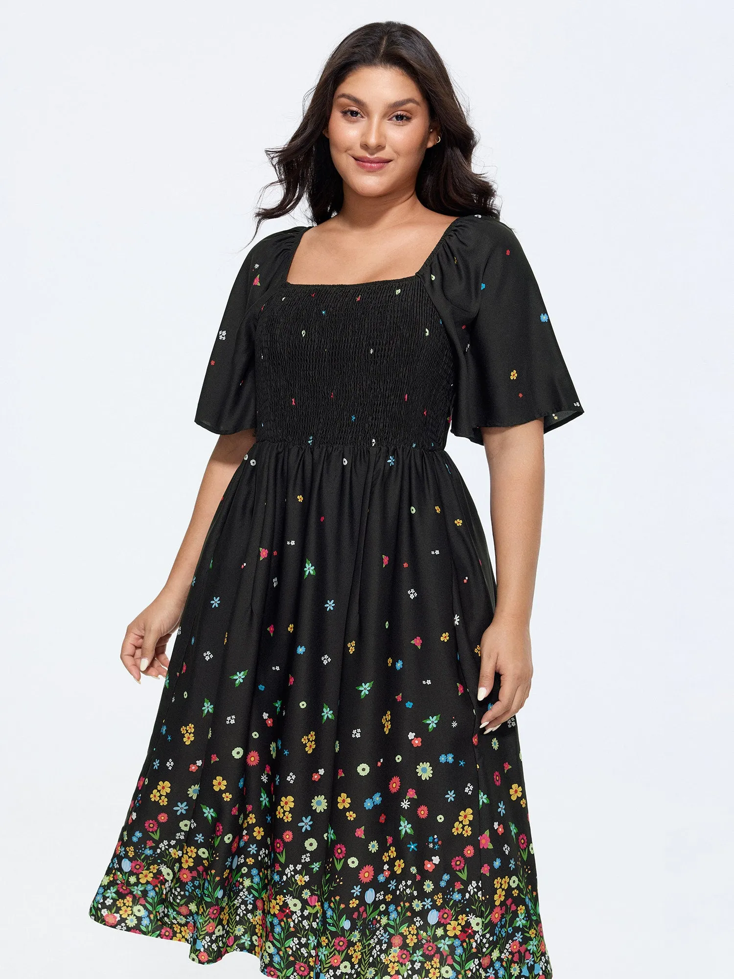 Multi-Color Floral Print Shirred Midi Dress sold by Bloomchic product image thumbnail 3