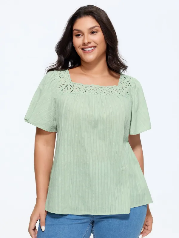 Cotton Lace Neckline Flared Sleeve Blouse made by Bloomchic
