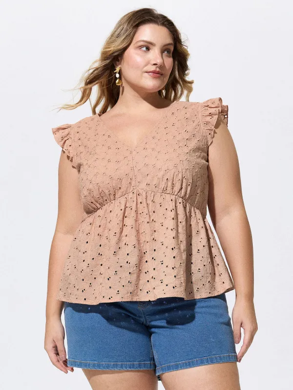 Cotton Eyelet Trim Flutter Sleeve Blouse made by Bloomchic