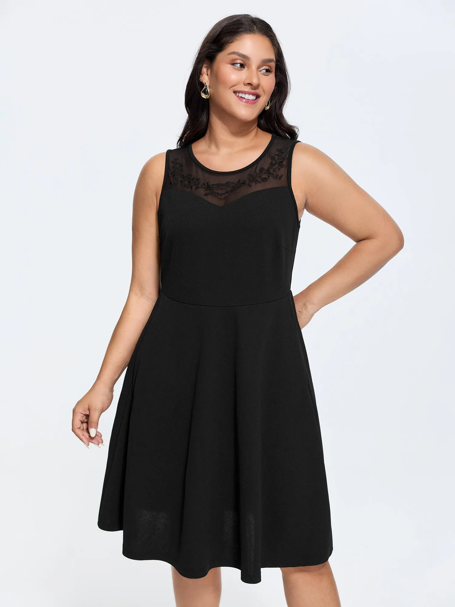 Stretchy Sheer Mesh Embroidered Neckline Midi Dress sold by Bloomchic