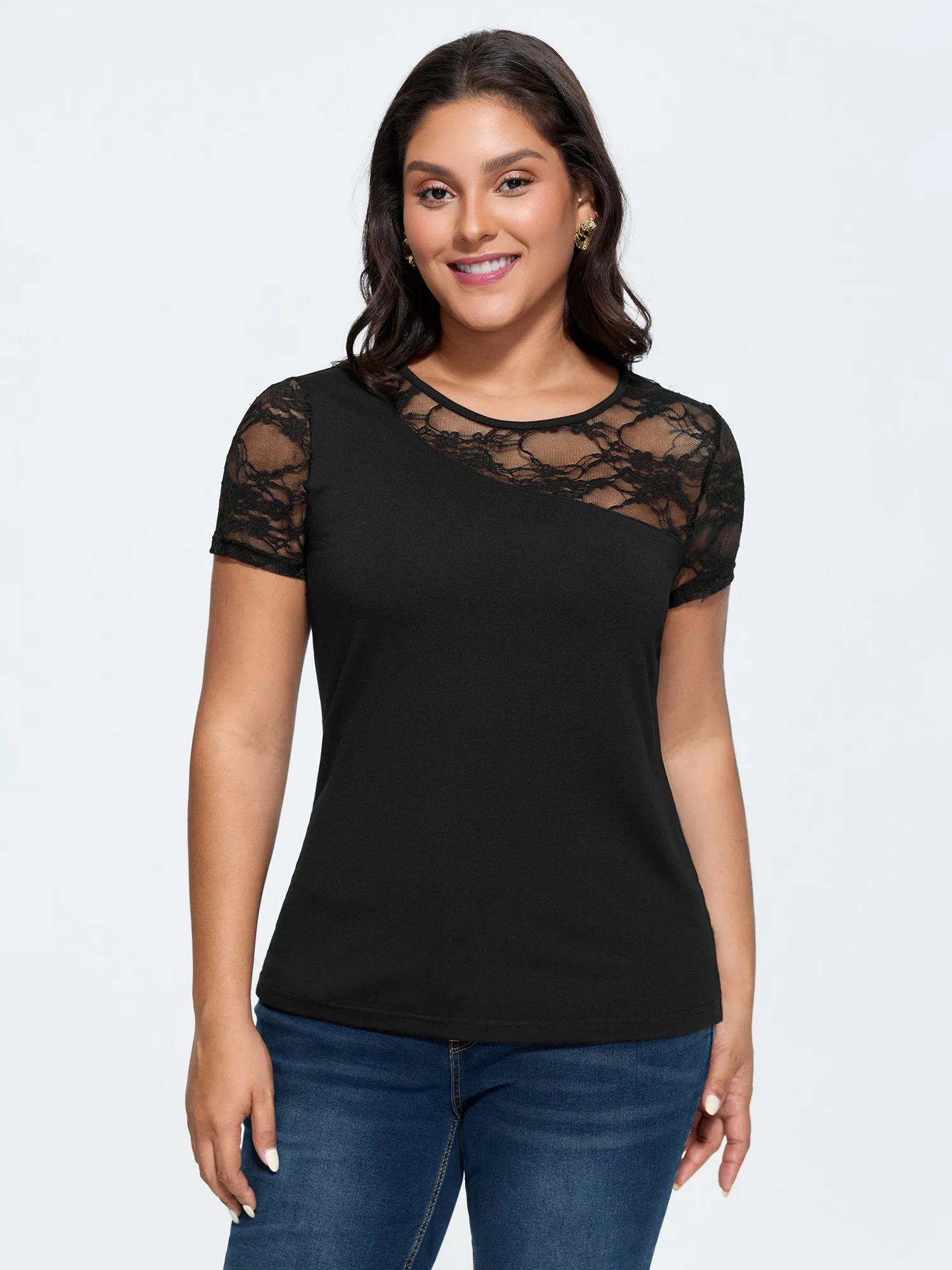 Sheer Neckline Lace Fitted Knit Top sold by Bloomchic product image thumbnail 2