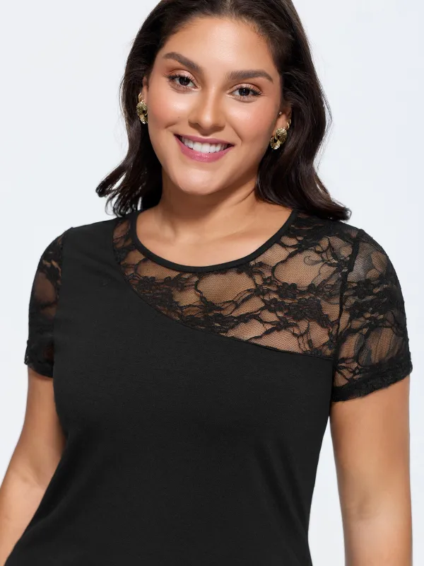 Sheer Neckline Lace Fitted Knit Top made by Bloomchic