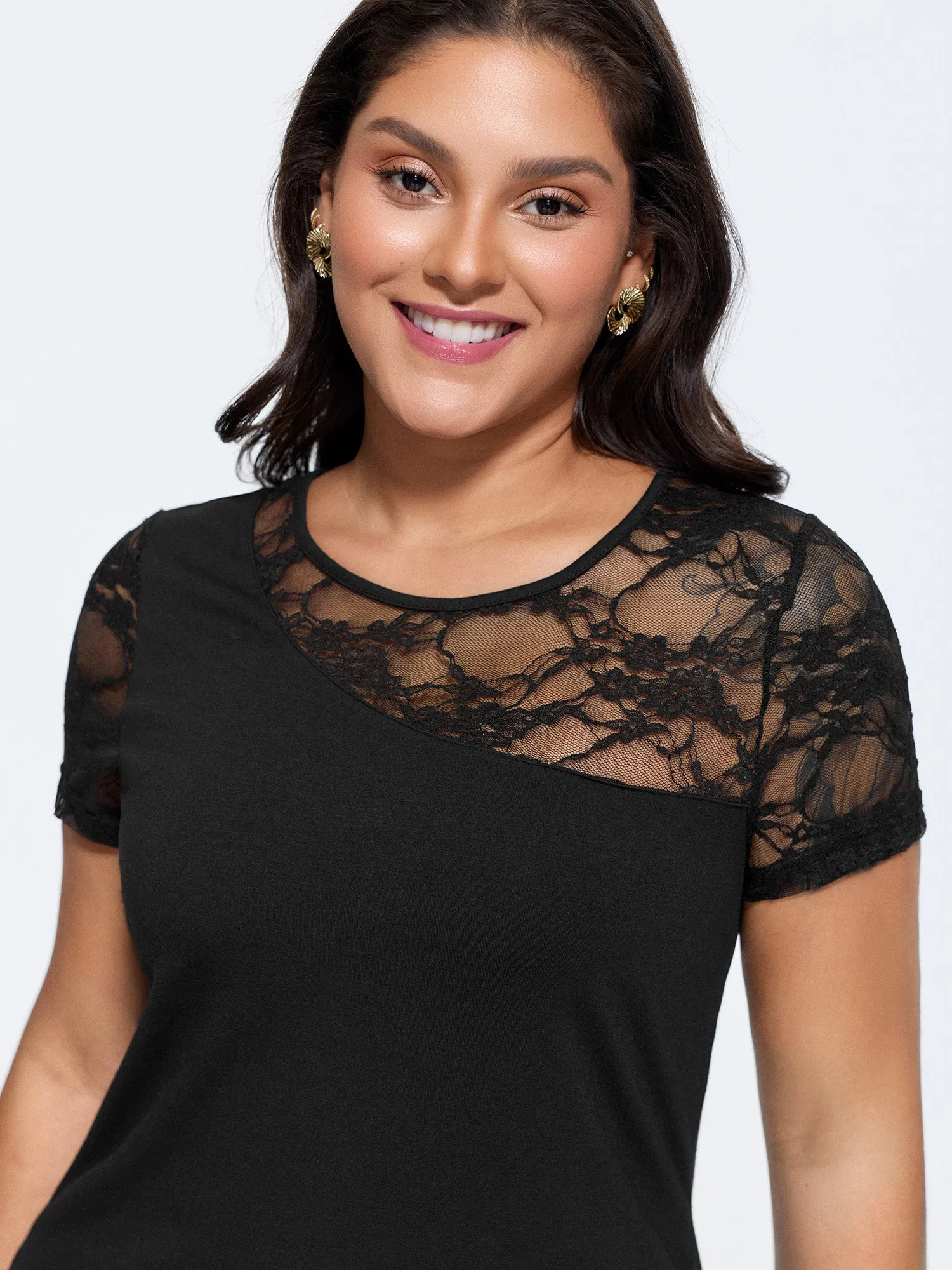 Sheer Neckline Lace Fitted Knit Top sold by Bloomchic