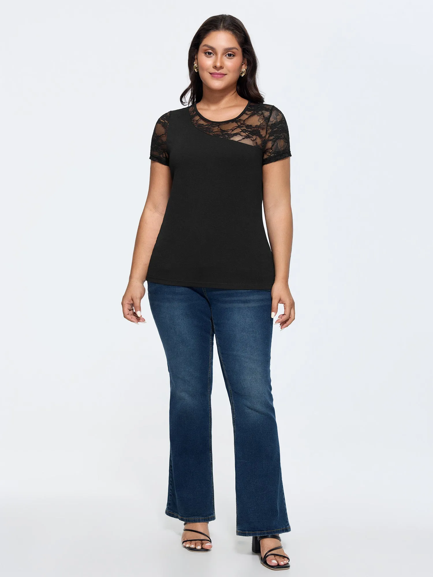 Sheer Neckline Lace Fitted Knit Top sold by Bloomchic product image thumbnail 3