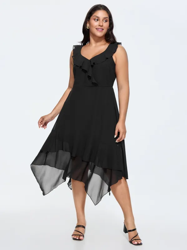 Chiffon Ruffled Neckline High Low Hem Midi Dress made by Bloomchic