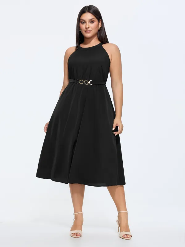 Halter Neckline Waist-Buckle Midi Dress made by Bloomchic