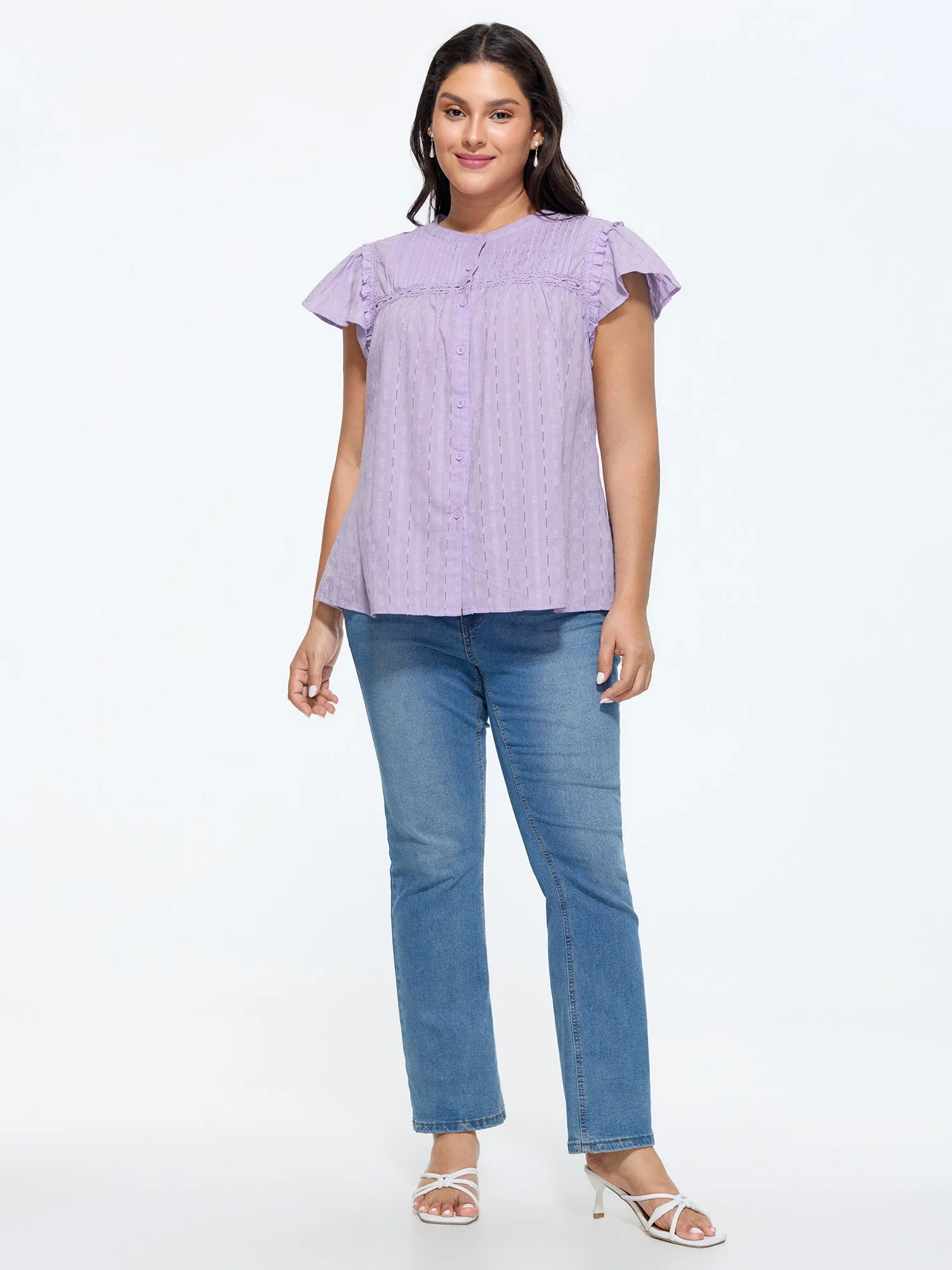 Cotton Textured Lace Trim Placket Blouse sold by Bloomchic product image thumbnail 3