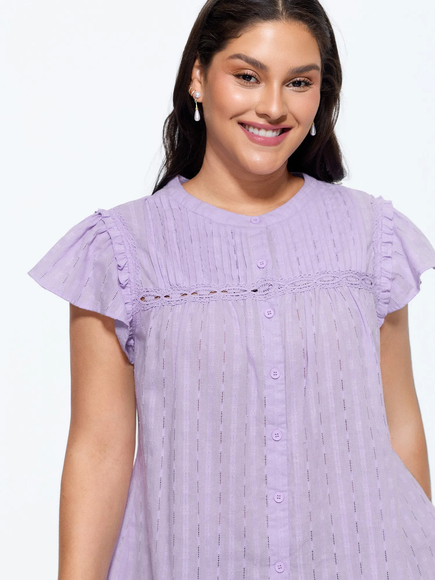 Cotton Textured Lace Trim Placket Blouse sold by Bloomchic product image thumbnail 2