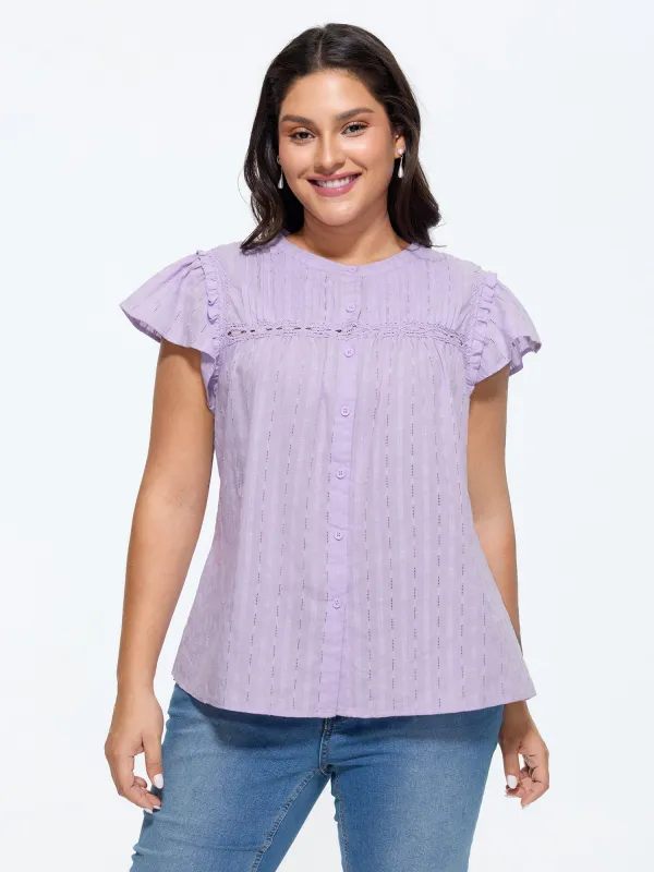 Cotton Textured Lace Trim Placket Blouse made by Bloomchic