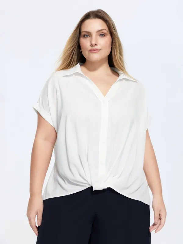 Knotted Hem Placket Plain Blouse made by Bloomchic