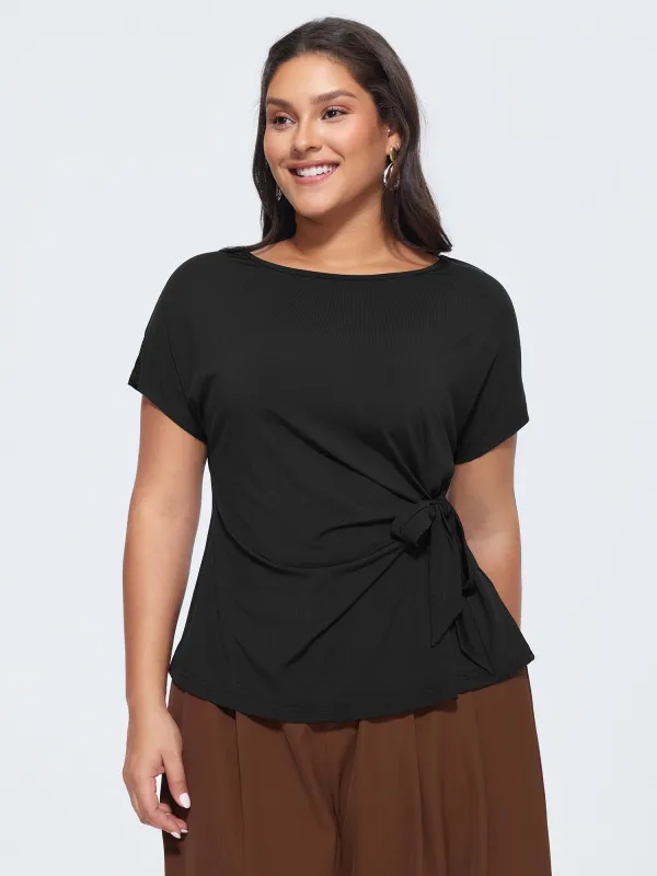 Stretchy Ruched Boat Neckline T-Shirt made by Bloomchic