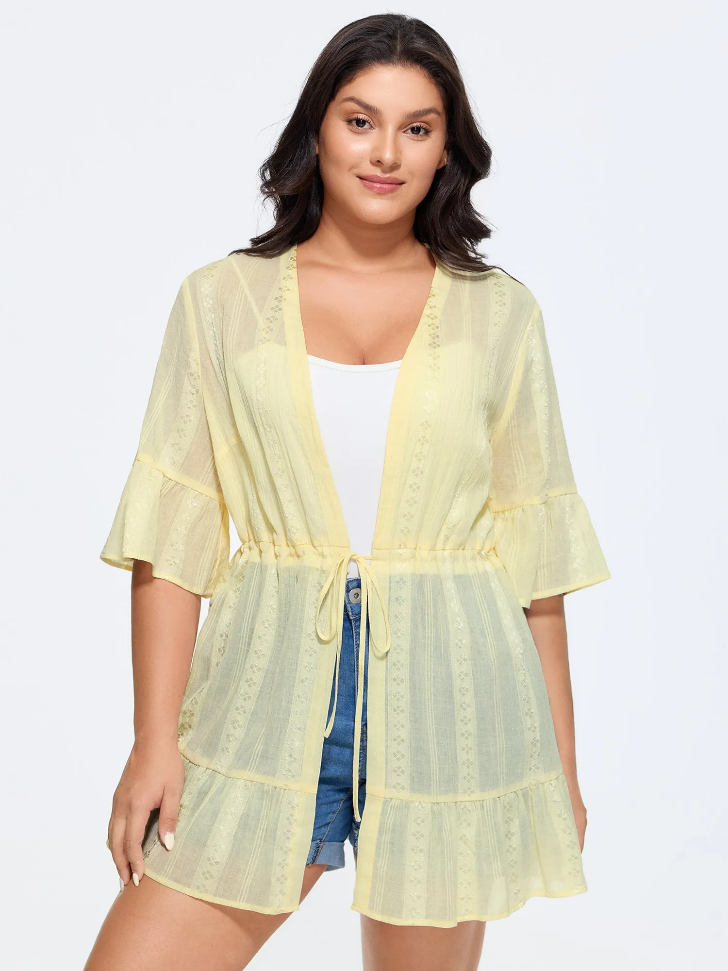 Textured Sheer Front-Tie Kimono sold by Bloomchic