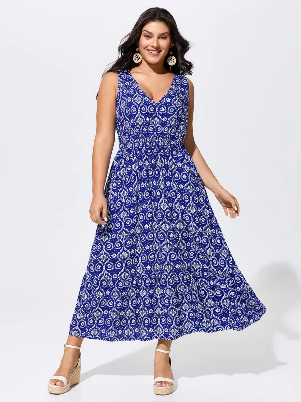 Geometric Print V-Neck Midi Dress made by Bloomchic