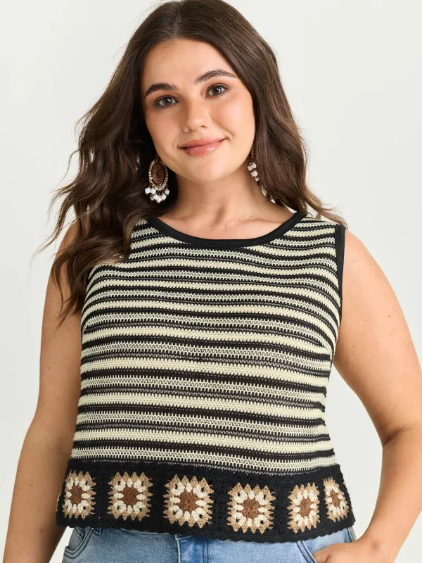 Breathable Striped Print Crochet Hem Tank Top made by Bloomchic