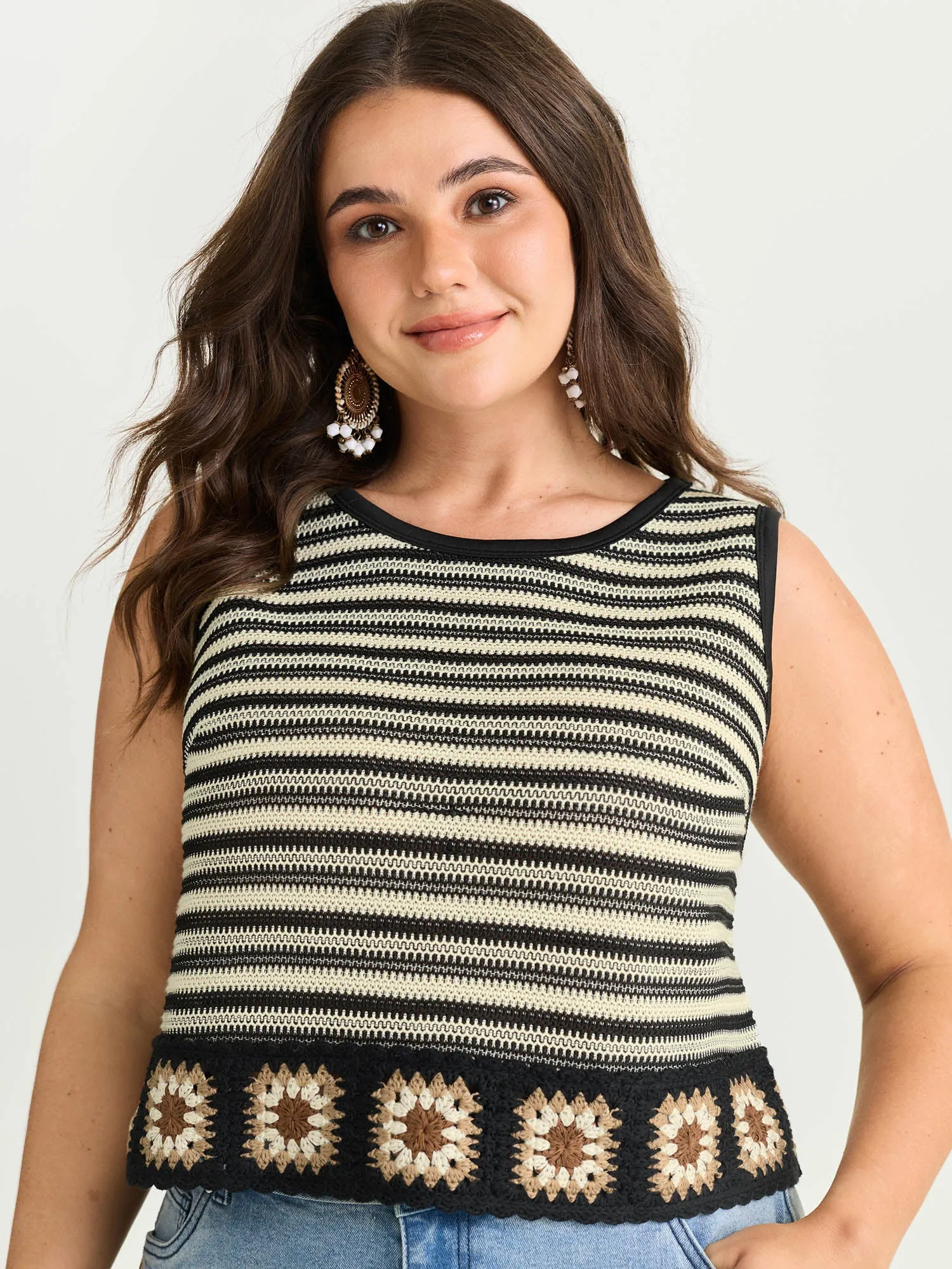 Breathable Striped Print Crochet Hem Tank Top sold by Bloomchic