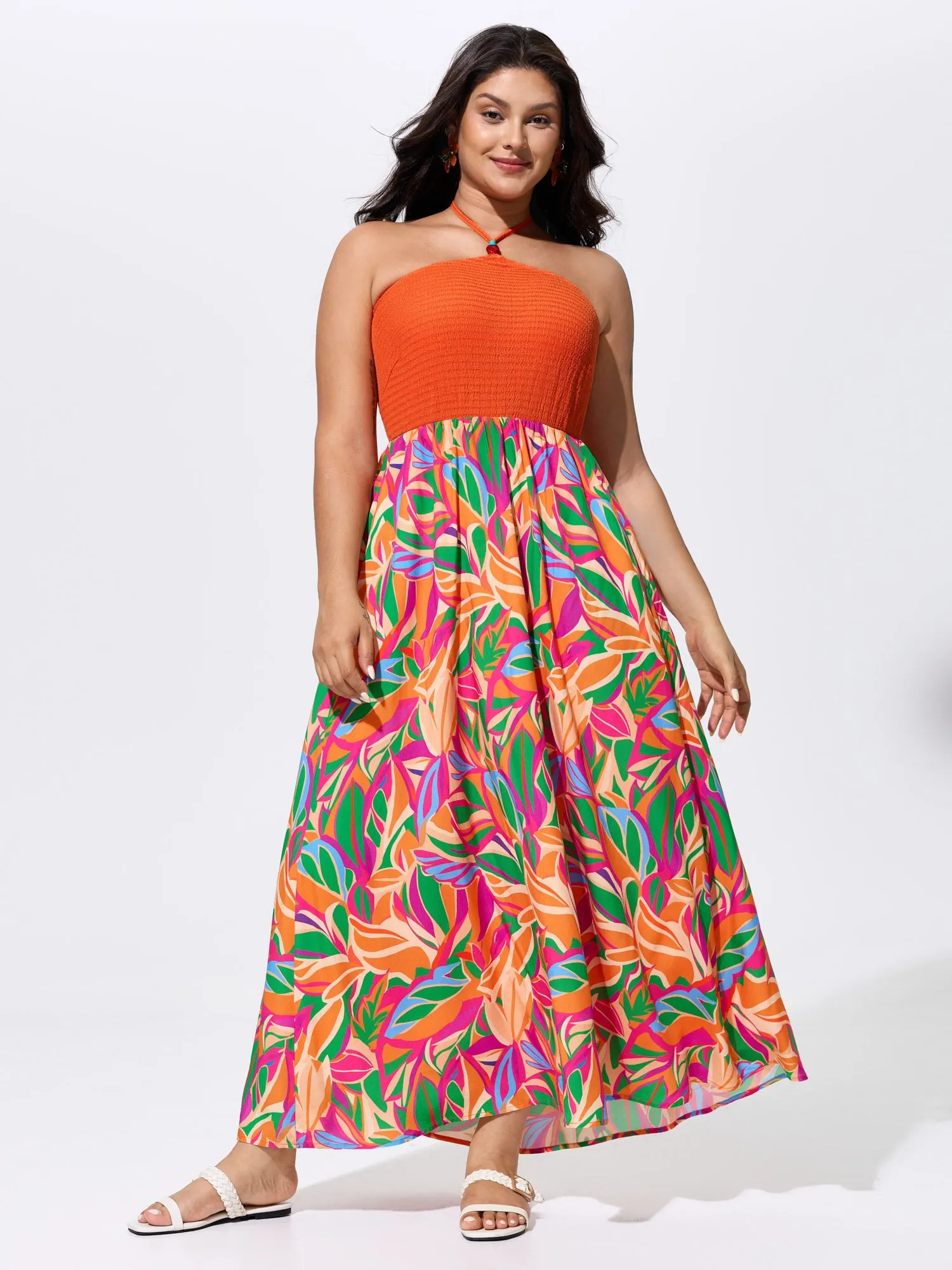 Tropical Floral Print Halter Neck Shirred Midi Dress sold by Bloomchic