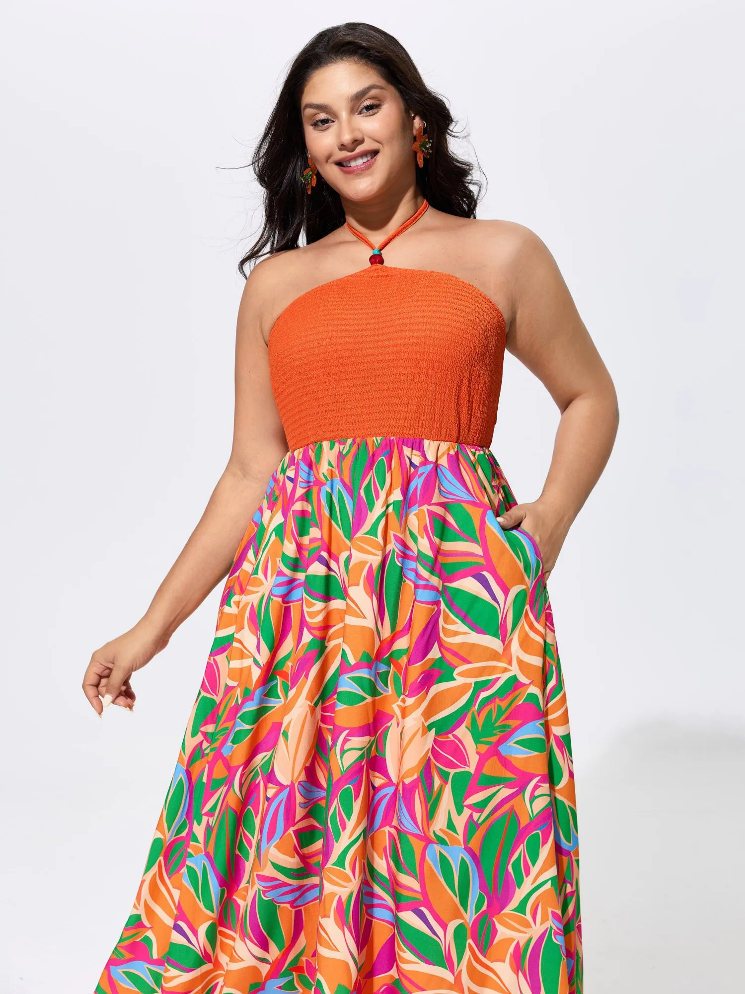Tropical Floral Print Halter Neck Shirred Midi Dress sold by Bloomchic product image thumbnail 3