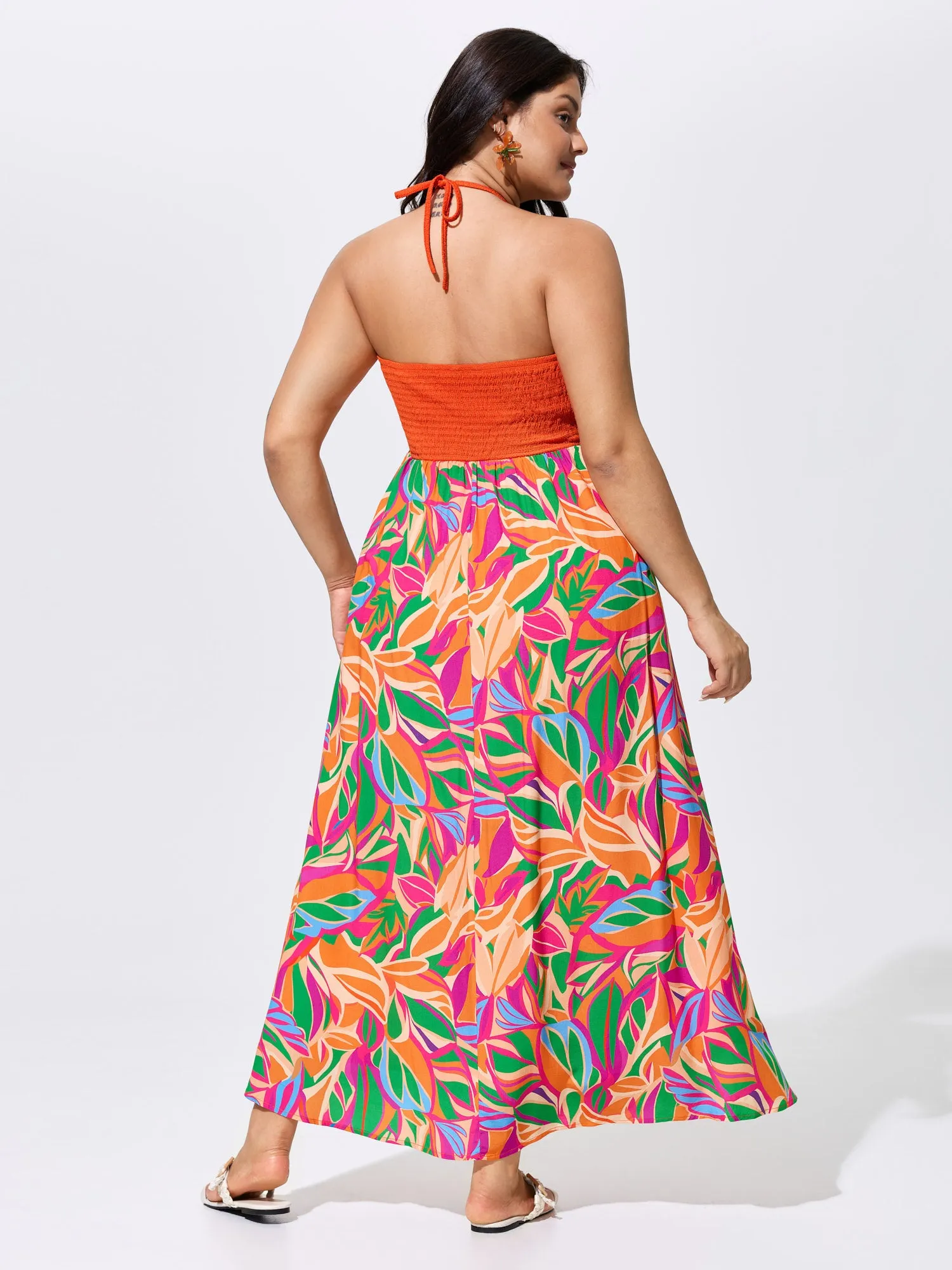 Tropical Floral Print Halter Neck Shirred Midi Dress sold by Bloomchic product image thumbnail 4