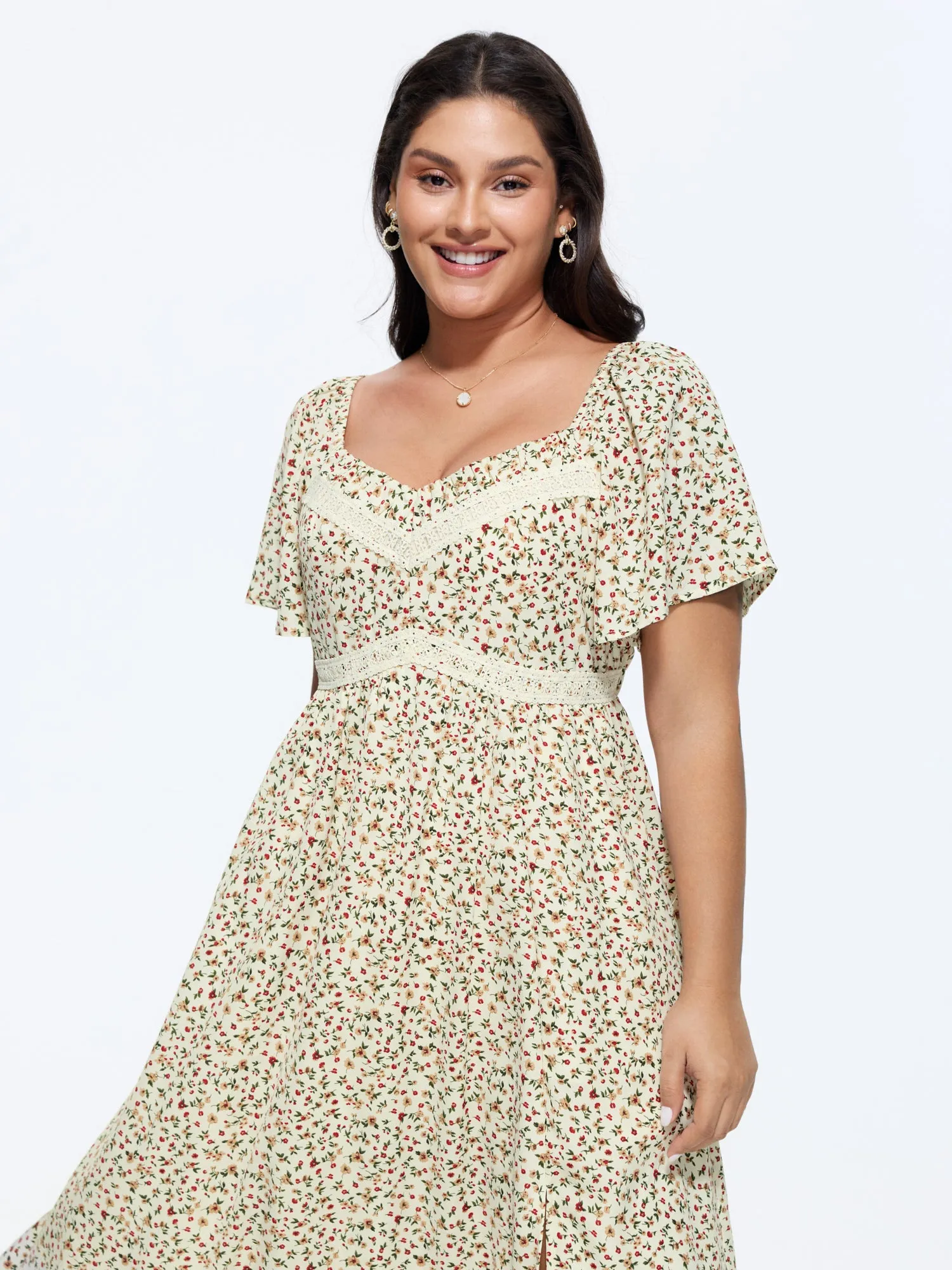 Ditsy Floral Print Sweetheart Lace Neckline Midi Dress sold by Bloomchic product image thumbnail 3