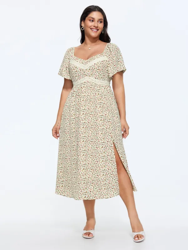 Ditsy Floral Print Sweetheart Lace Neckline Midi Dress made by Bloomchic