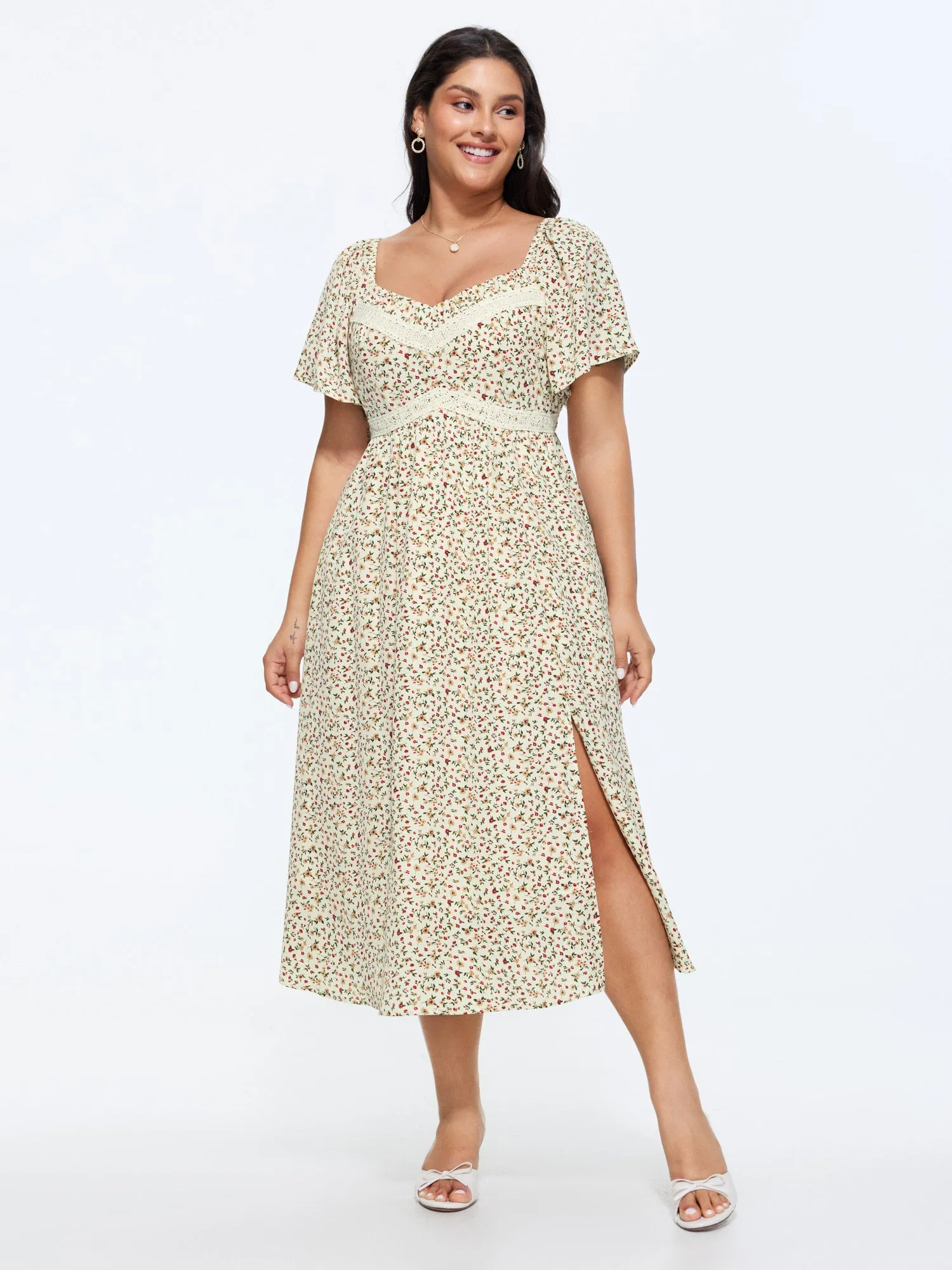 Ditsy Floral Print Sweetheart Lace Neckline Midi Dress sold by Bloomchic