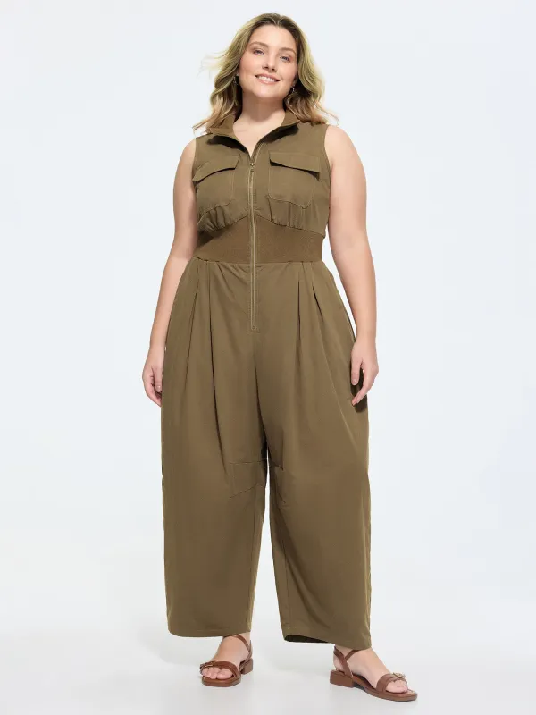 Cotton Zipper Pleated Waist-Defining Jumpsuit made by Bloomchic