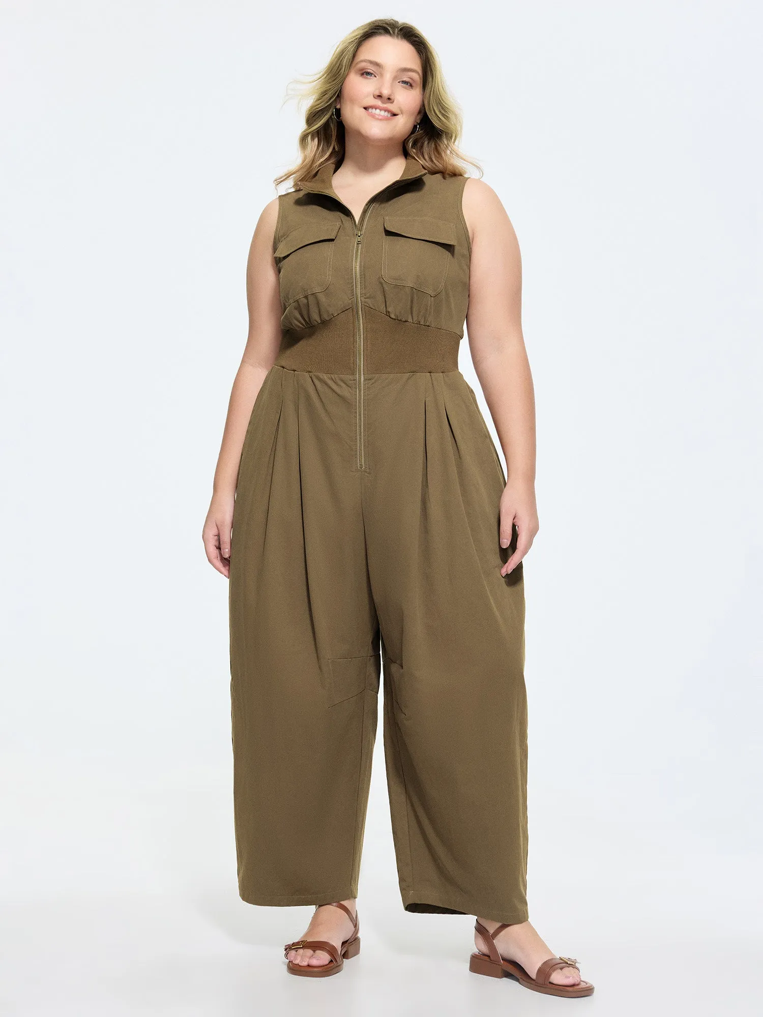 Cotton Zipper Pleated Waist-Defining Jumpsuit sold by Bloomchic
