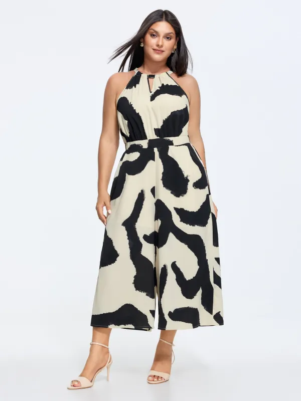 Abstract Floral Print Halter Neckline Jumpsuit made by Bloomchic
