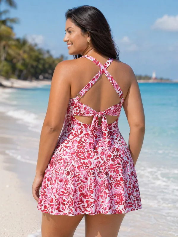 Floral Paisley Print Back Cut-Out Swim Dress made by Bloomchic