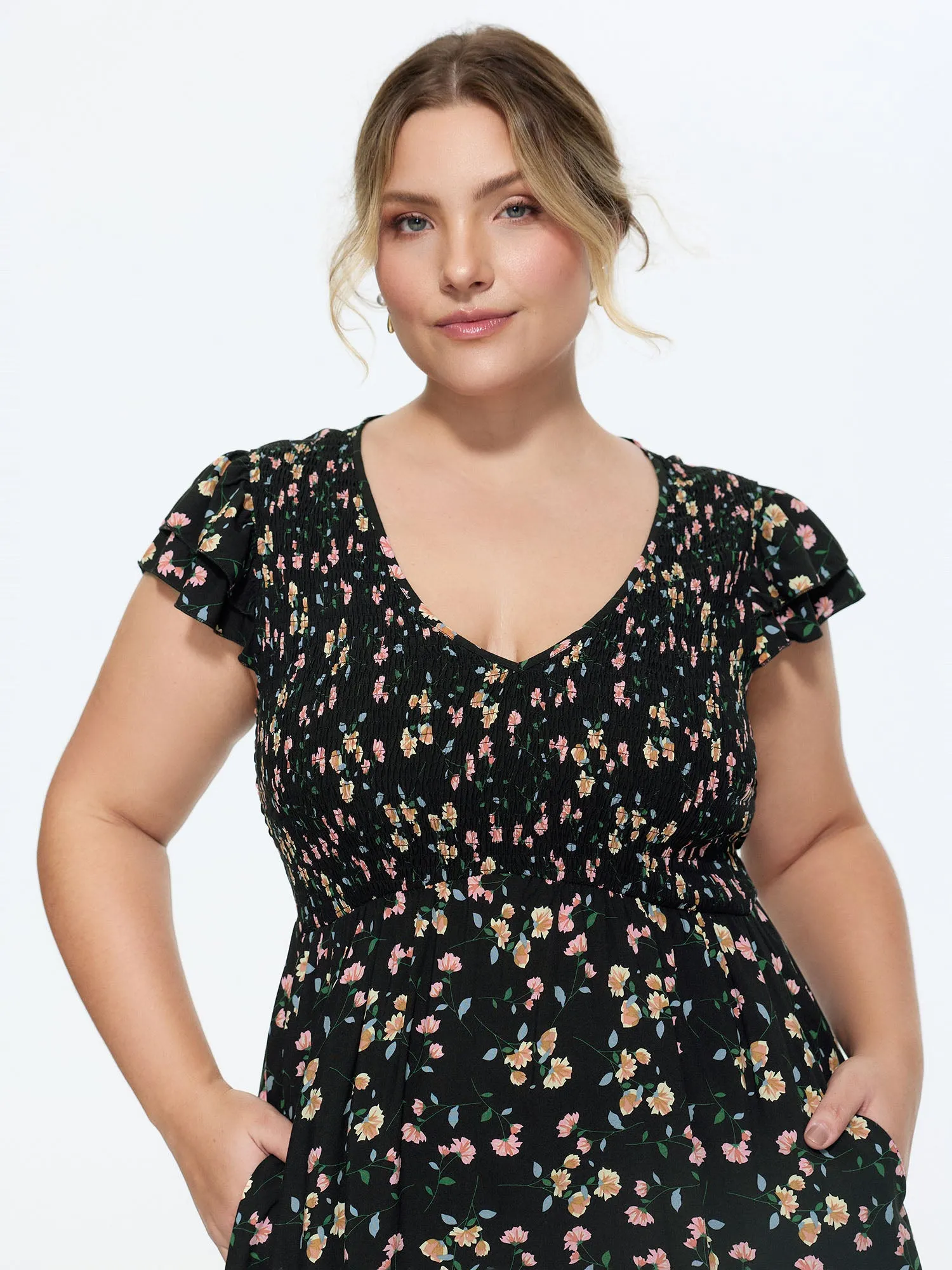 Floral Print V-Neck Ruffled Sleeve Mini Dress sold by Bloomchic product image thumbnail 3