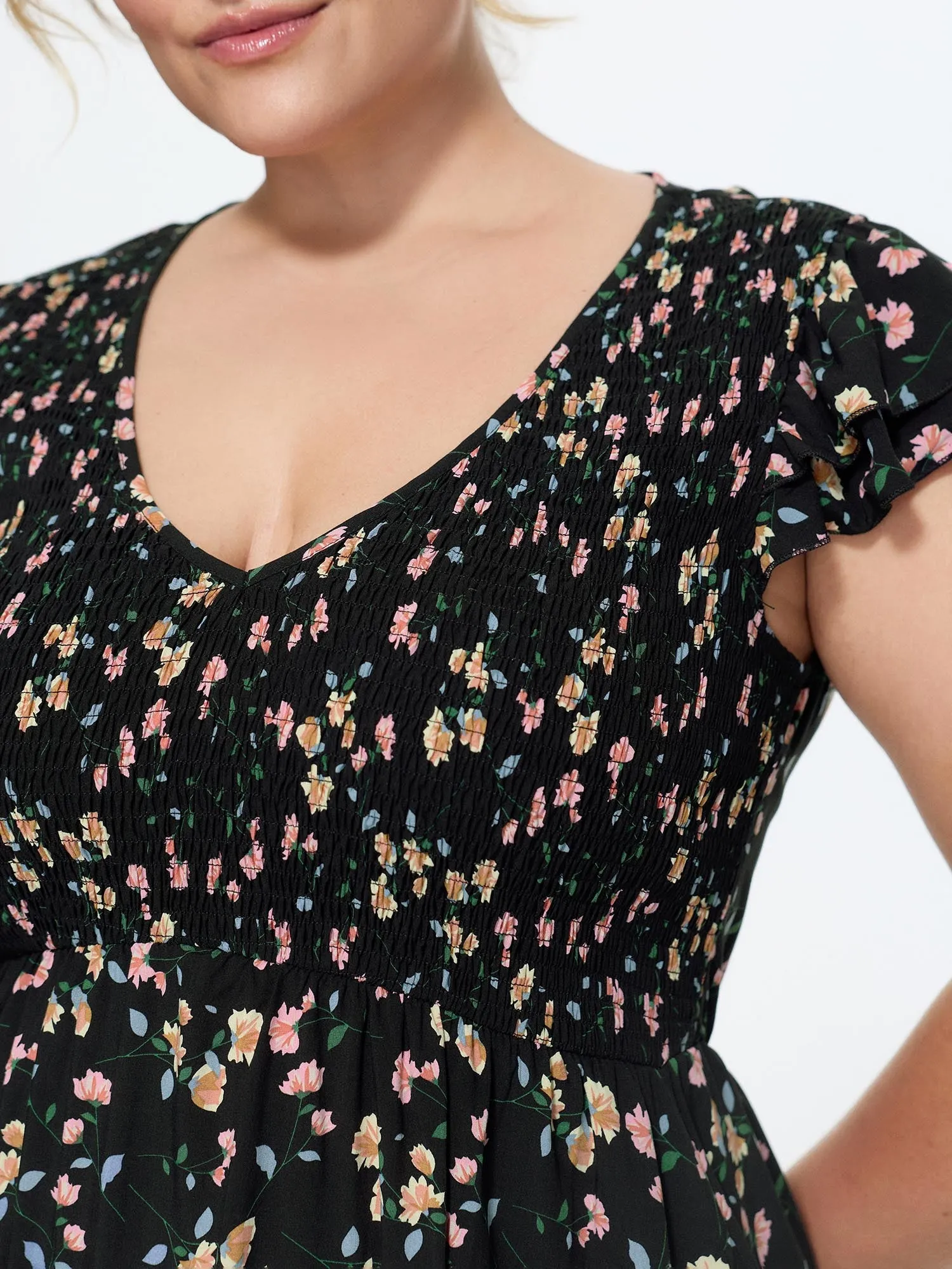 Floral Print V-Neck Ruffled Sleeve Mini Dress sold by Bloomchic product image thumbnail 2