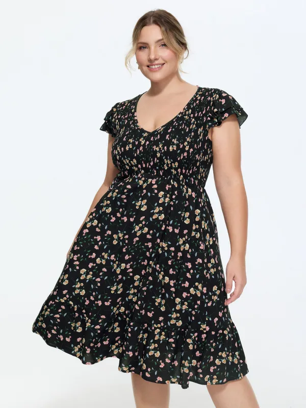 Floral Print V-Neck Ruffled Sleeve Mini Dress made by Bloomchic