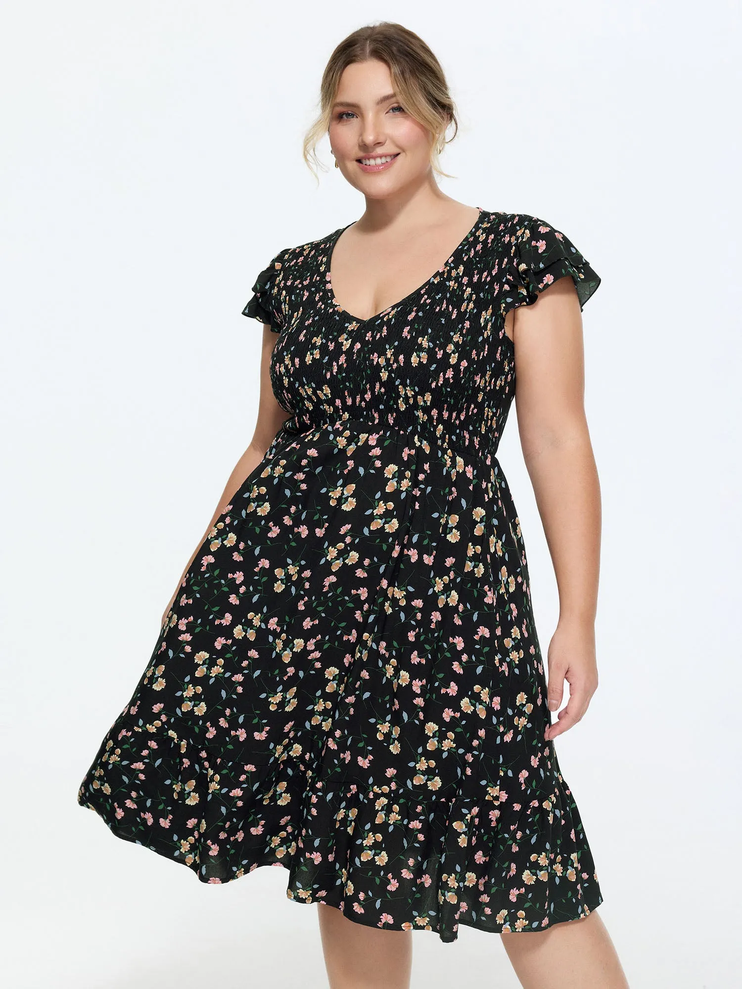 Floral Print V-Neck Ruffled Sleeve Mini Dress sold by Bloomchic