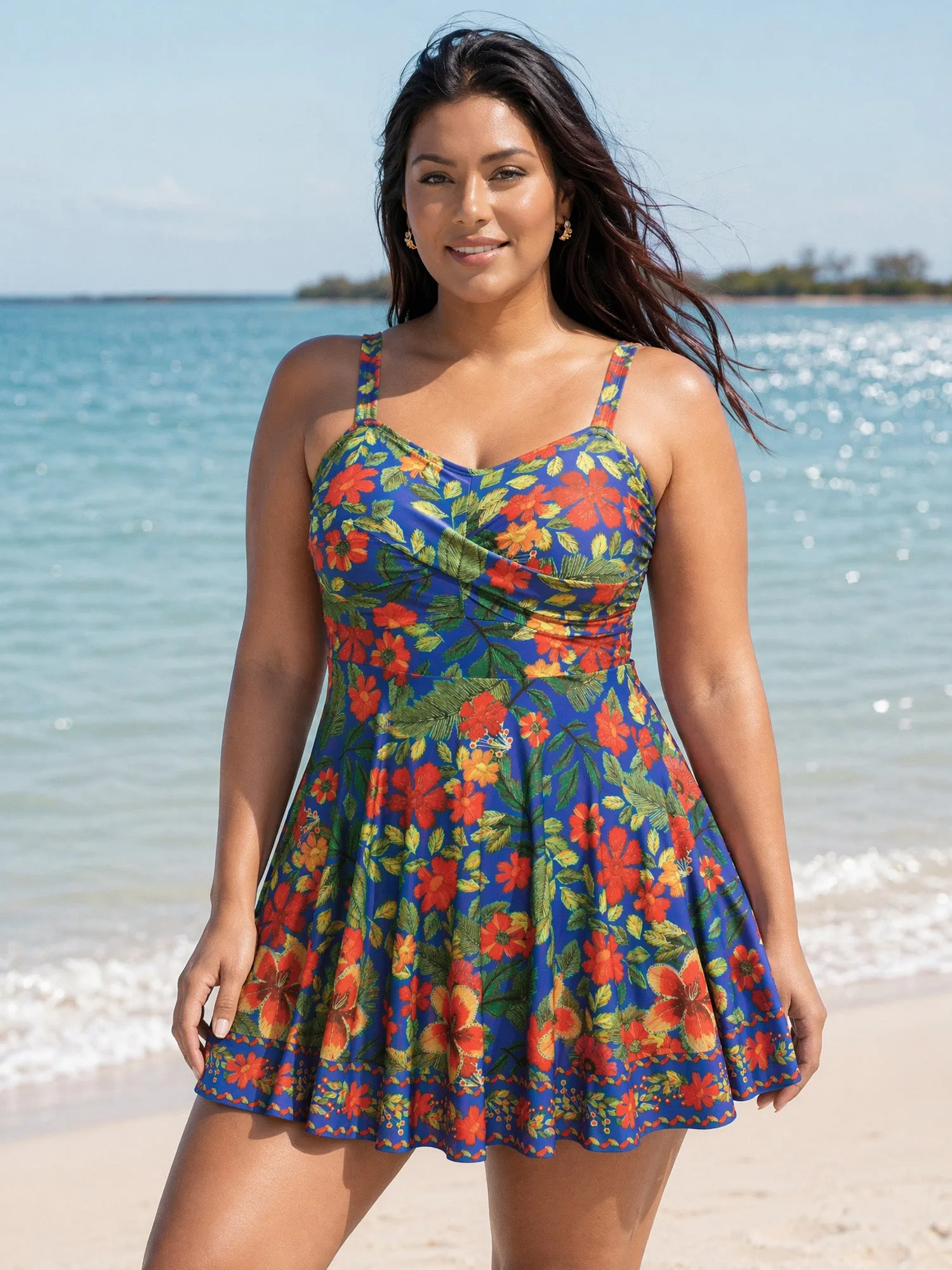 Vibrant Floral Print Twist Front Swim Dress sold by Bloomchic