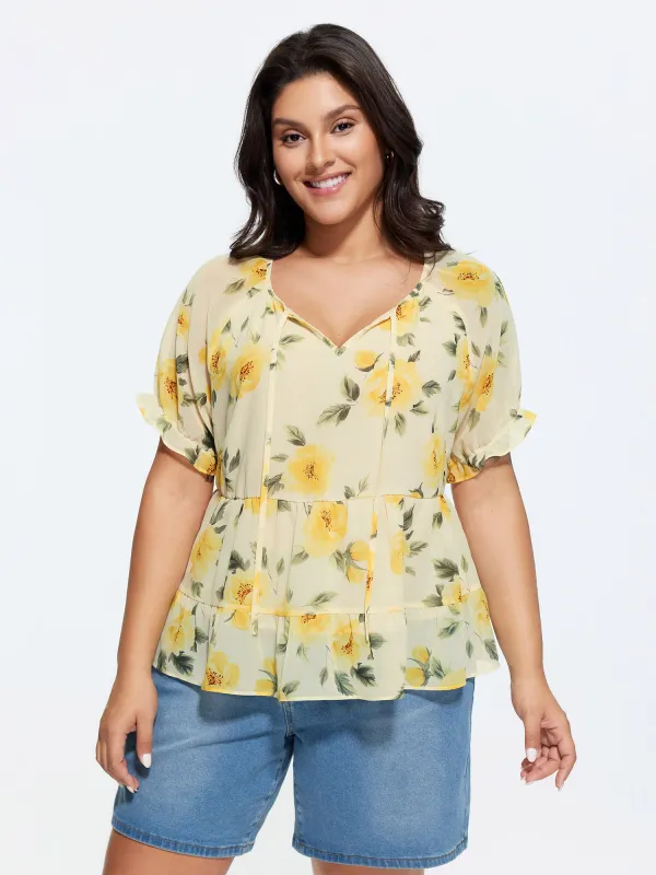 Floral Print Neck Cut-Out Blouse made by Bloomchic