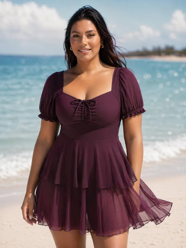 Sheer Ruched Bodice Tiered Swim Dress made by Bloomchic