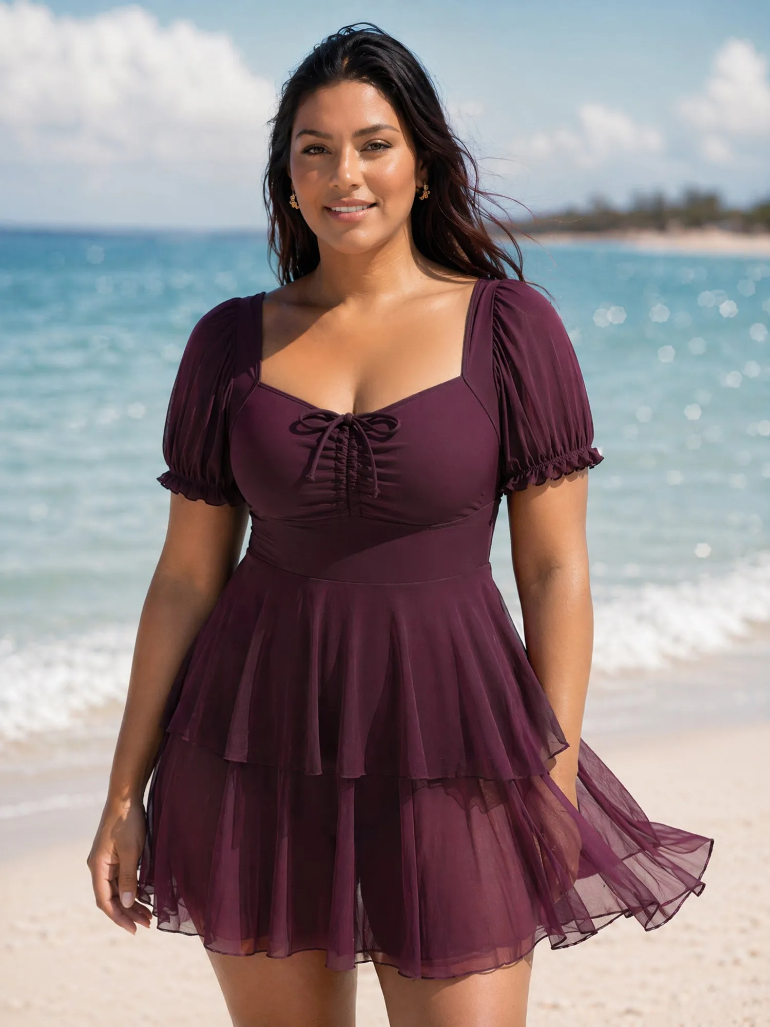 Sheer Ruched Bodice Tiered Swim Dress sold by Bloomchic