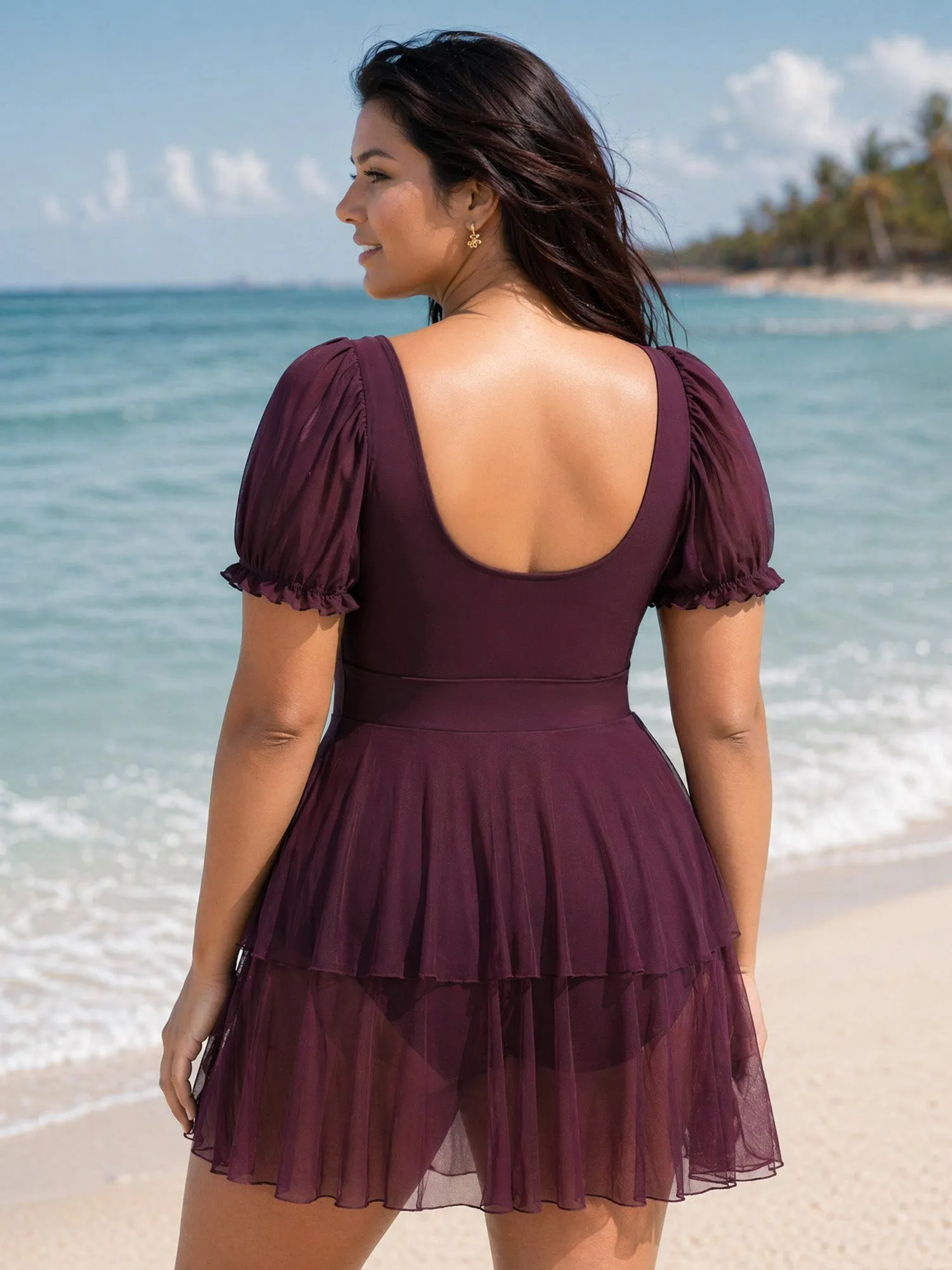 Sheer Ruched Bodice Tiered Swim Dress sold by Bloomchic product image thumbnail 5