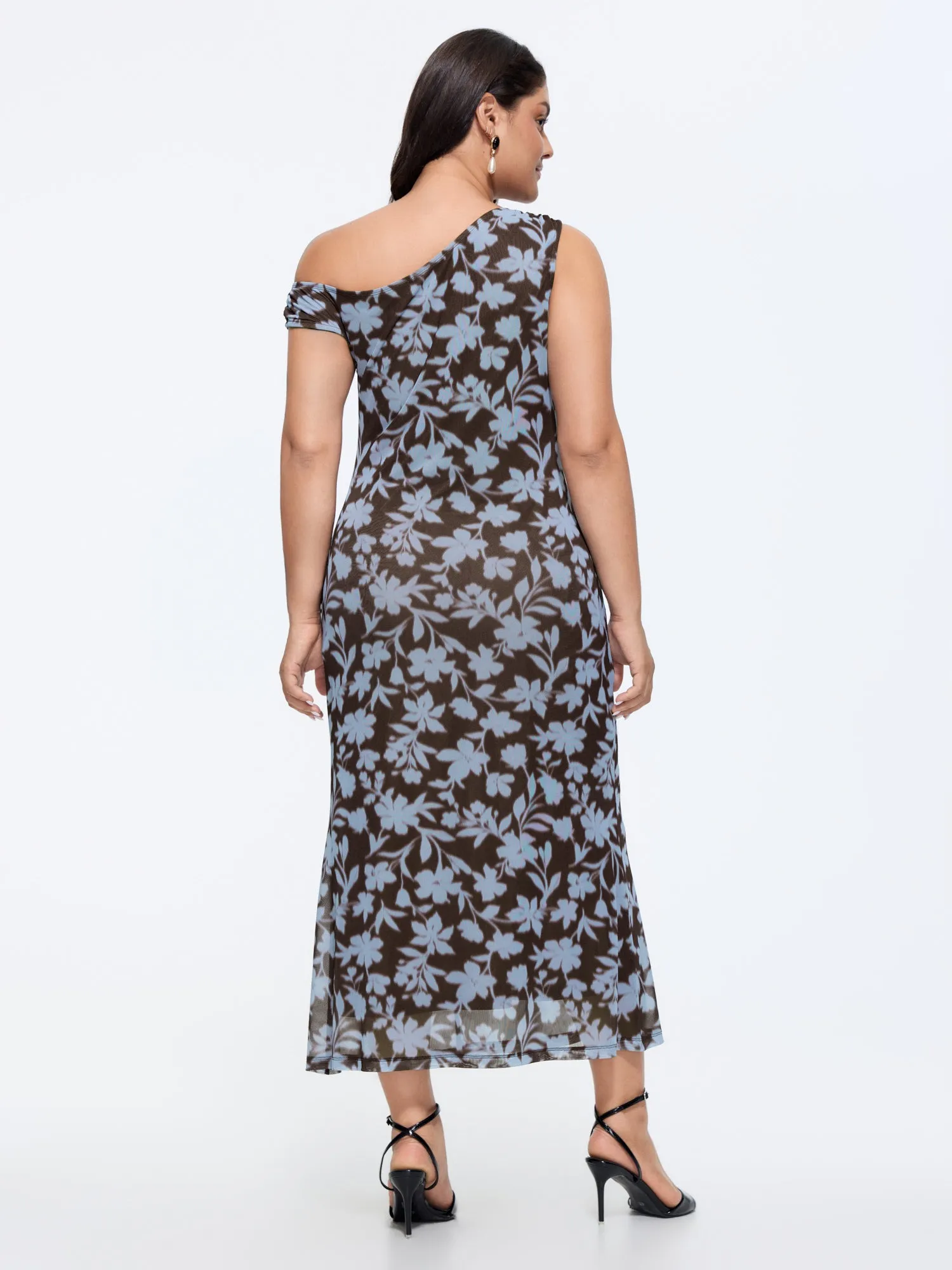 Floral Print Mesh One-Shoulder Midi Dress sold by Bloomchic product image thumbnail 4