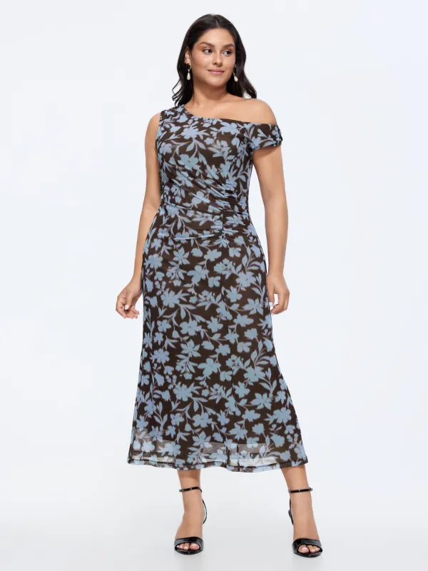 Floral Print Mesh One-Shoulder Midi Dress made by Bloomchic