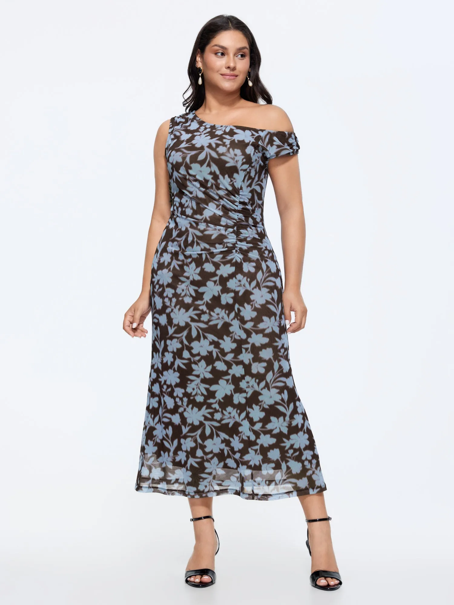 Floral Print Mesh One-Shoulder Midi Dress sold by Bloomchic