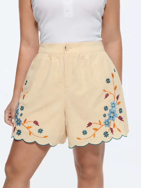 Cotton Colorful Floral Embroidered Pockets Shorts made by Bloomchic