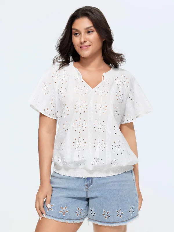 Eyelet Textured Shirred Hem Blouse made by Bloomchic