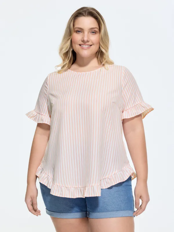 Striped Print Button Back Blouse made by Bloomchic