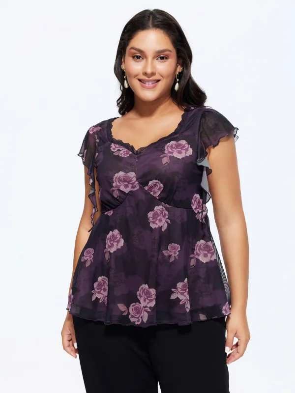 Lace Trim Floral Print Knit Top made by Bloomchic
