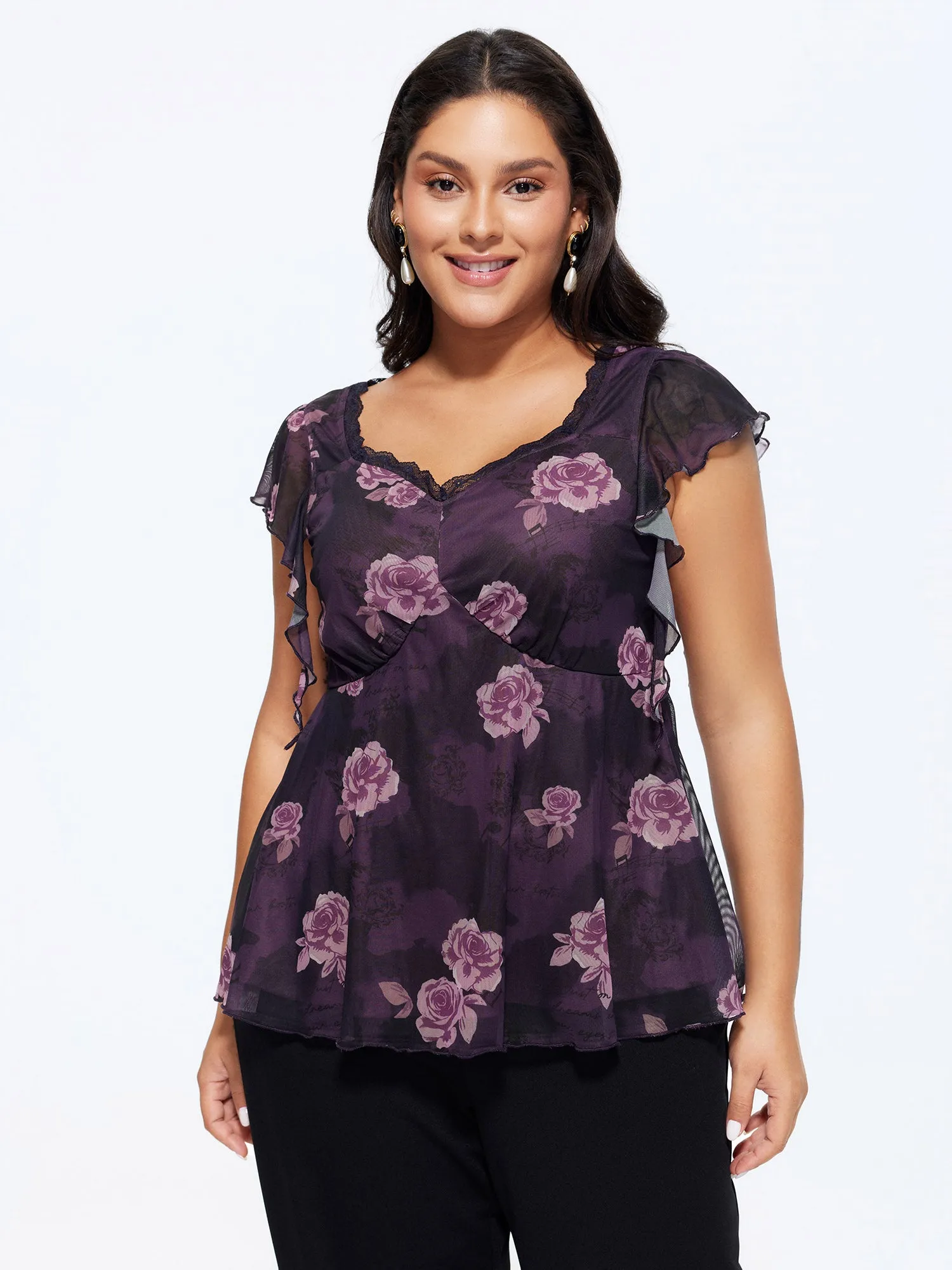 Lace Trim Floral Print Knit Top sold by Bloomchic