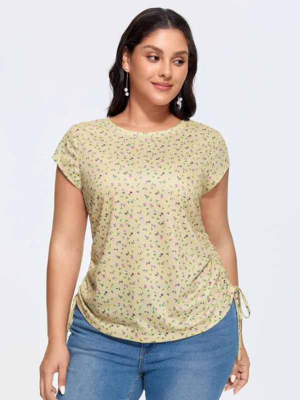 Micro Floral Print Adjustable Side Drawstring T-Shirt made by Bloomchic