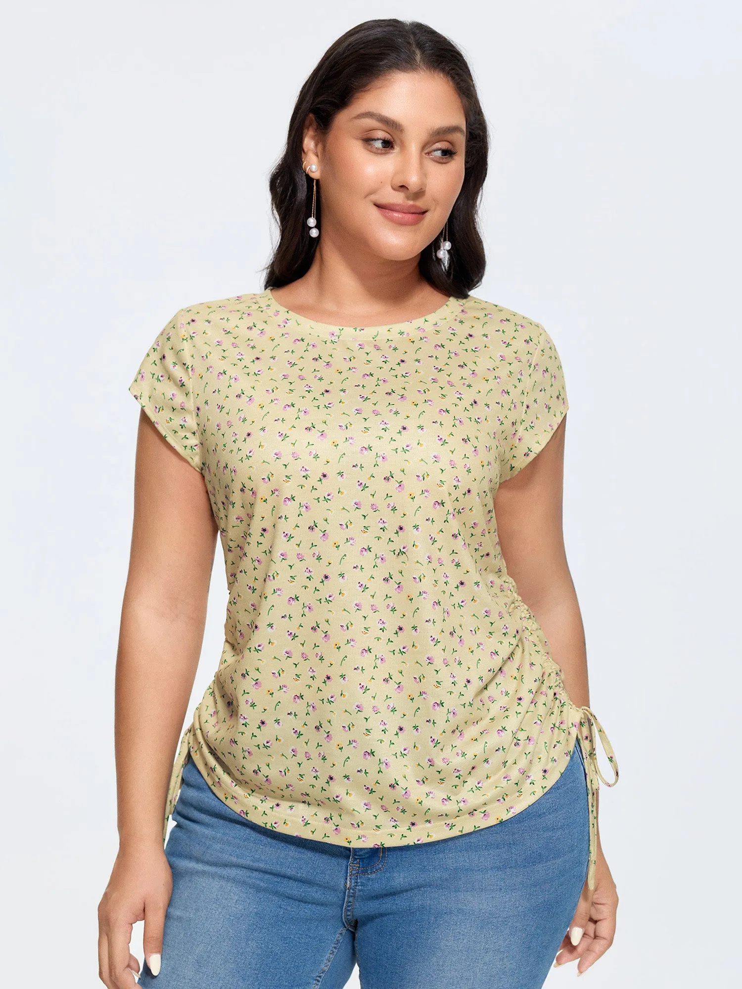 Micro Floral Print Adjustable Side Drawstring T-Shirt sold by Bloomchic