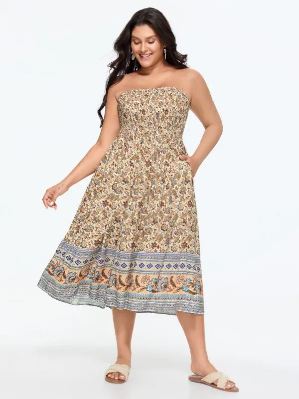 Floral Print Off-Sleeves Color Contrast Midi Dress made by Bloomchic