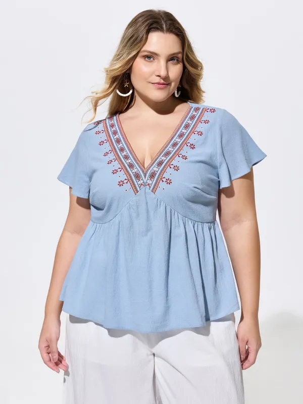 Cotton Floral Embroidered V-Neck Blouse made by Bloomchic